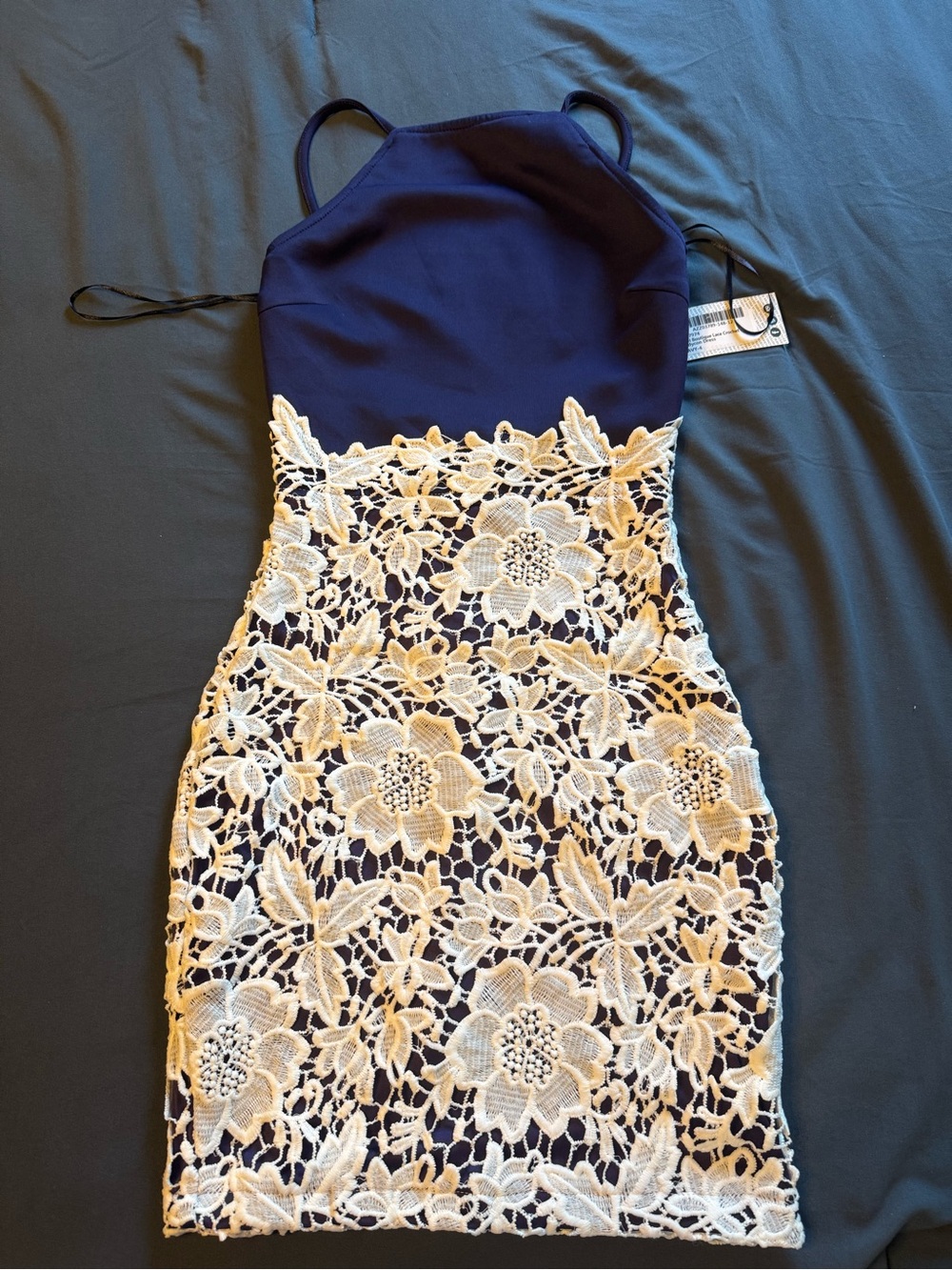 Boohoo Navy Halter Mini Dress with Ivory Floral Lace